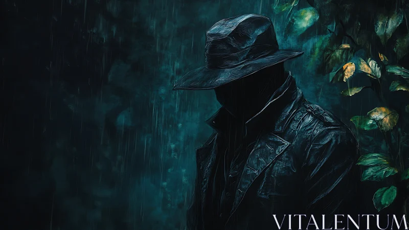 Shadowed stranger in the rain leans quietly by the leaves