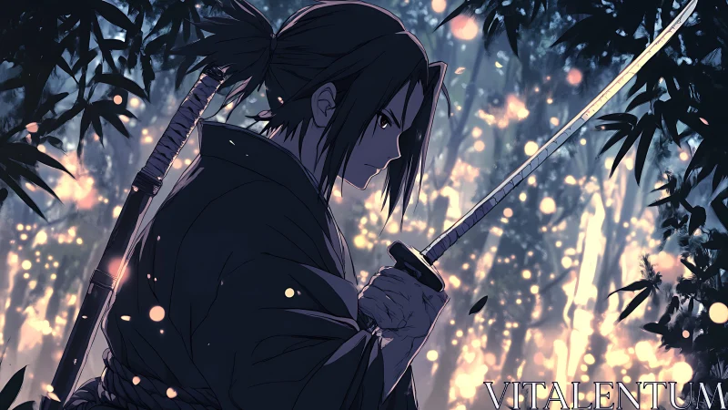Quiet samurai holds a gleaming sword in a firelit forest