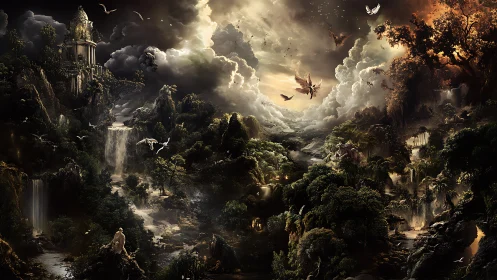 Epic celestial jungle landscape with waterfalls and ruins.