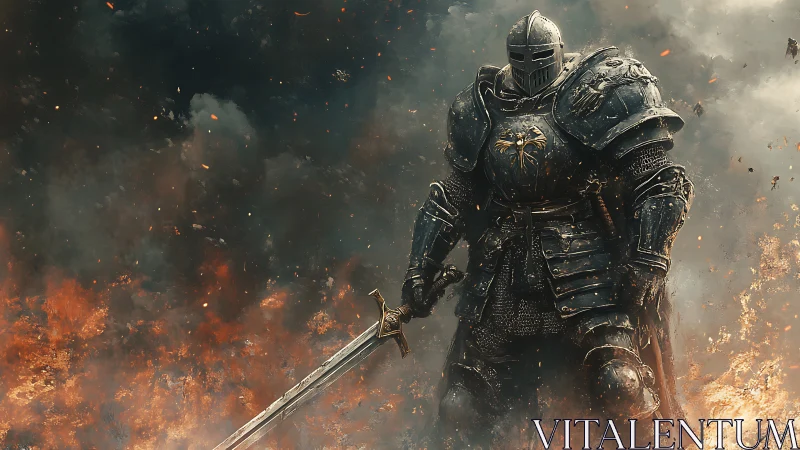Armored knight in burning battlefield, cinematic framing.
