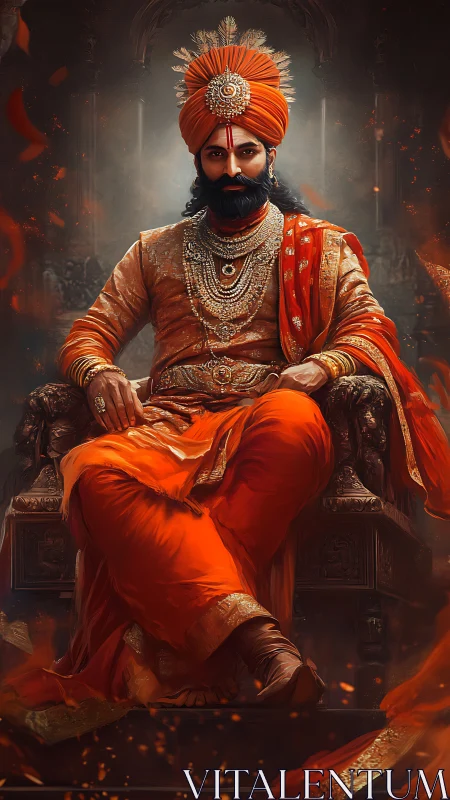 Regal Indian ruler seated on ornate throne in orange robes.