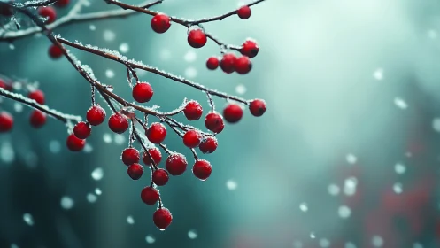 Red winter berries on icy branch in softly falling snow.