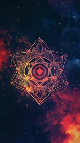 Radiant geometric mandala glows within a cosmic nebula backdrop.