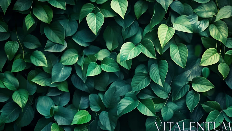 Emerald foliage wall shows layered tropical heart leaves.