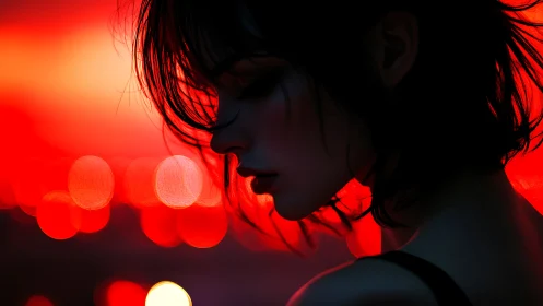 Silhouetted woman in neon red bokeh dusk portrait study.
