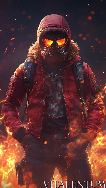 Flame‑hooded wanderer strides calmly through a rising inferno