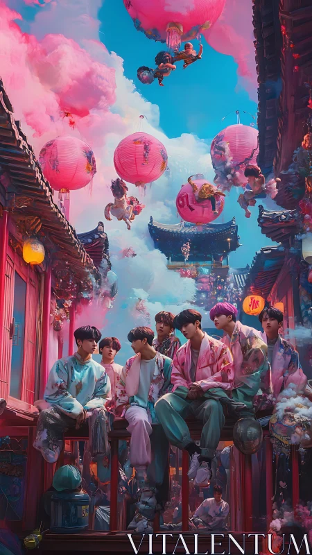 Dreamy boy band drifts beneath neon lantern skies at dusk
