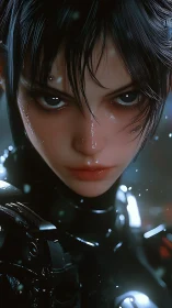 Close frontal view shows cybernetic figure with wet face