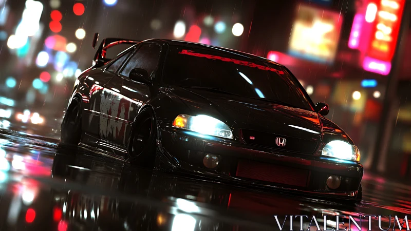 Midnight city rain cruise with a gleaming street racer.