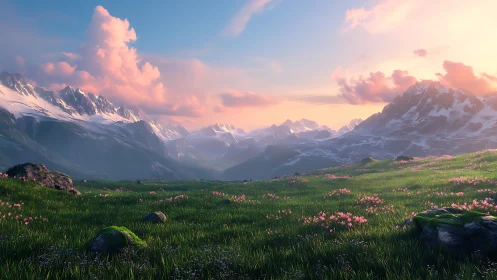 Luminous alpine valley with snow peaks and sunset clouds.