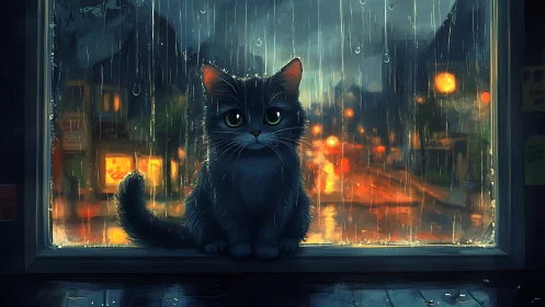 Rain-soaked city lights crown a wide-eyed window cat