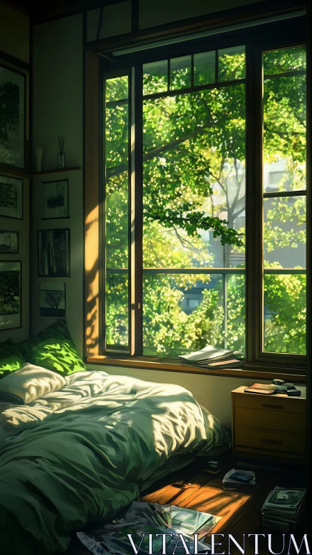 Morning leaflight pouring into a quiet cozy bedroom.