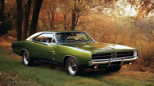 Emerald muscle car idling in honeyed autumn forest light.