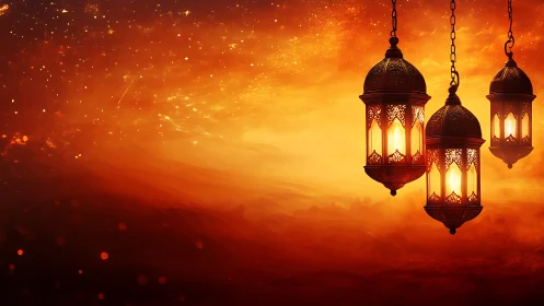 Hanging metal lanterns with glowing lights on orange background.