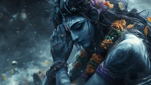 Blue-skinned figure in prayerful pose with garlands and tattoos