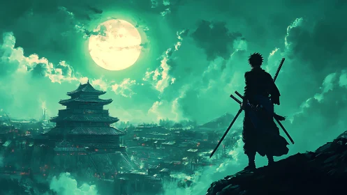 Moonlit ronin above jade-lit citadel, storm-brewing calm.