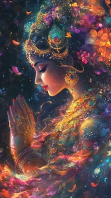 Profile view of jeweled woman praying in luminous cosmos