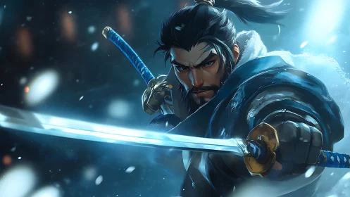 Samurai warrior lunges forward with twin glowing katanas