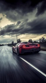Red sports car accelerates on wet highway under storm clouds