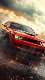 Red muscle car drifting through stormlit wet asphalt.