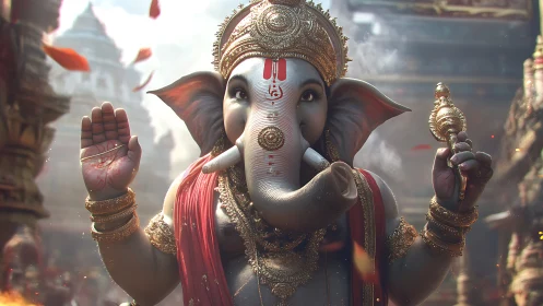 Elephant-headed deity statue rendered in ornate temple scene