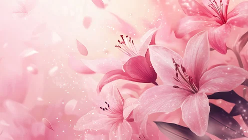 Delicate Pink Lilies with Ethereal Light Particles.