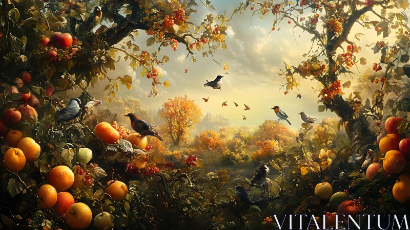 Orchard birds in luminous autumn valley panorama.