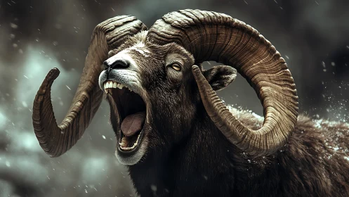 Mountain sheep with curved horns in winter conditions.