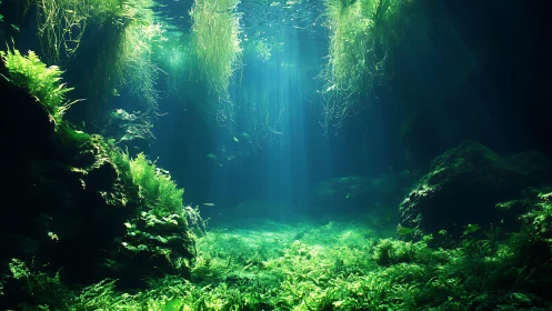Underwater cavern floor illuminated by filtered sunlight