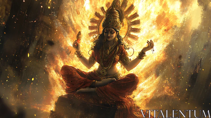 Fire goddess meditates within radiant inferno haloed flames.