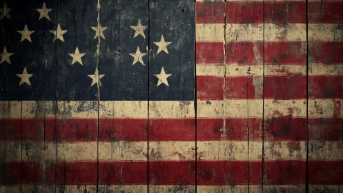 Weathered American flag painting glows with rustic character