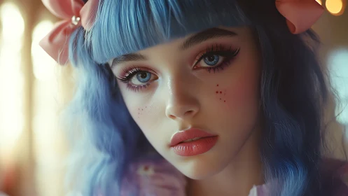 Hyperreal pastel portrait of blue haired doll-like girl in bows