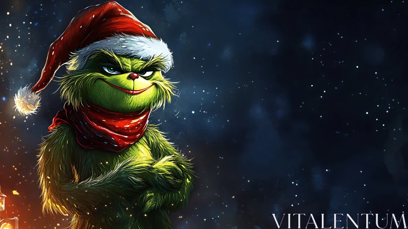 Mischievous green creature in glowing winter night scene.