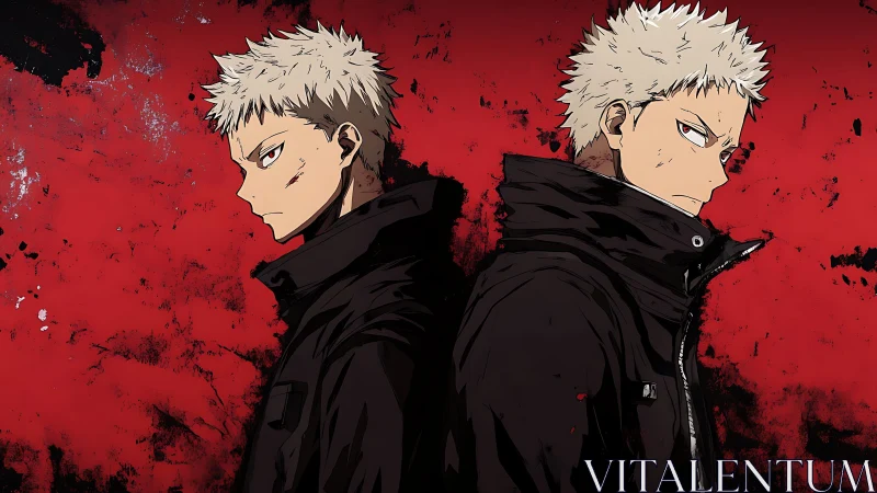 Twin tempers in black coats brood against a bleeding sky