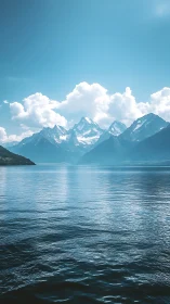 Alpine lake and distant snow peaks rendered in cool cyan tones