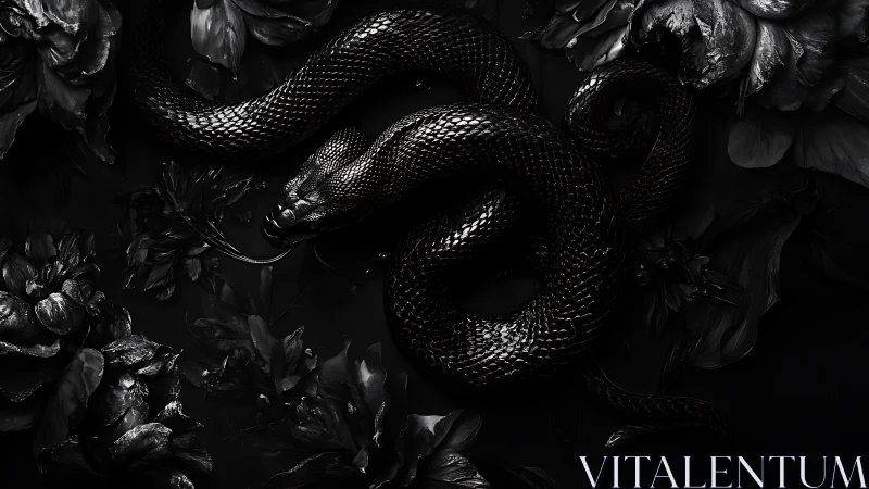 Black serpent coils through dark petals in high contrast