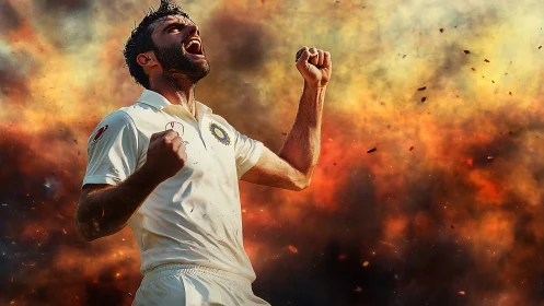 Joyful cricket champion roaring in a blaze of victory.
