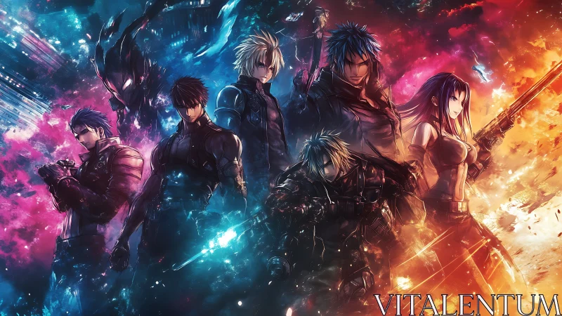 Cybernetic anime strike team emerges in polarized nebular light