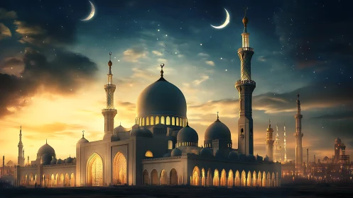 Grand illuminated mosque under twilight sky and crescents.