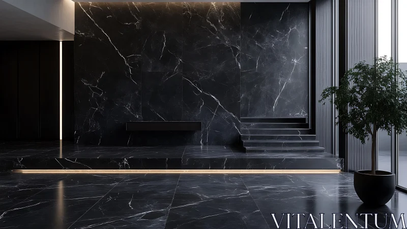 Minimalist lobby with black marble, linear lighting, glass walls.