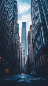 Moody city canyon at dusk with glowing urban windows.