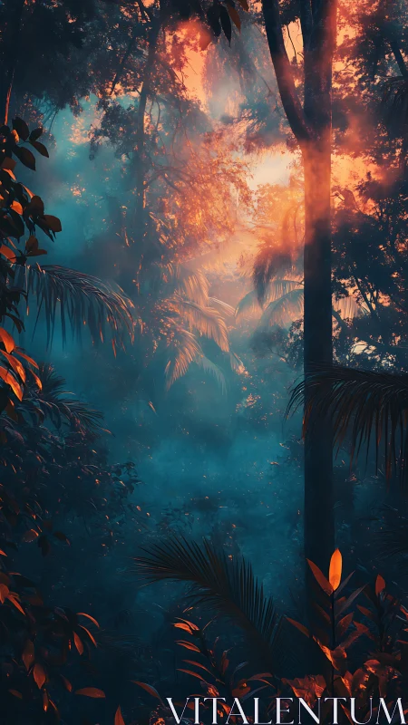 Mystic Forest Canopy Illuminated by Dramatic Warm Light Through Dense Tropical Foliage