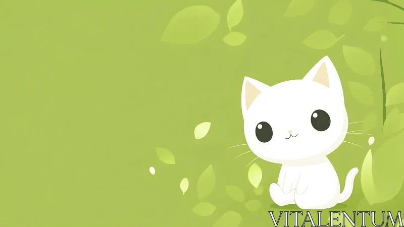 Adorable white cat illustration on green leaf background.