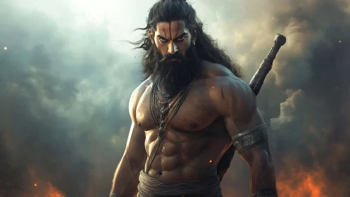 Mythic warrior rendered in dramatic high-contrast digital realism