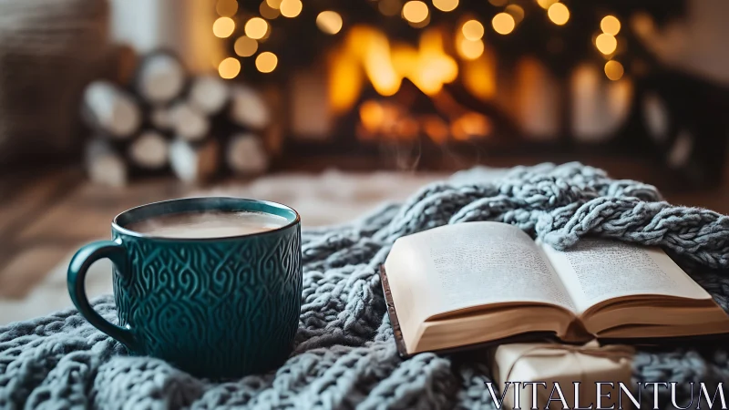 Cozy Reading Moment. Warm Beverage, Open Book, Firelight.