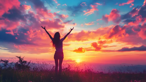 Sunset worshipper crowned in wild neon skyfire glow.