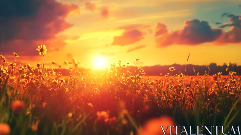 Wildflower field glows under vivid orange sunset sky