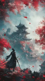 Crimson leaves crown the lone samurai before misty temples.