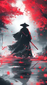 Lone wanderer in crimson forest reflections at dawn.