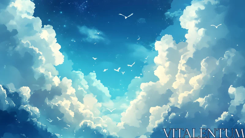 Bright cumulus clouds frame blue sky with distant birds